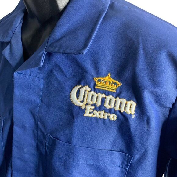 Corona Extra Button Up Work Shirt L Blue Embroidered Long Sleeve Pockets Collar - Picture 3 of 7